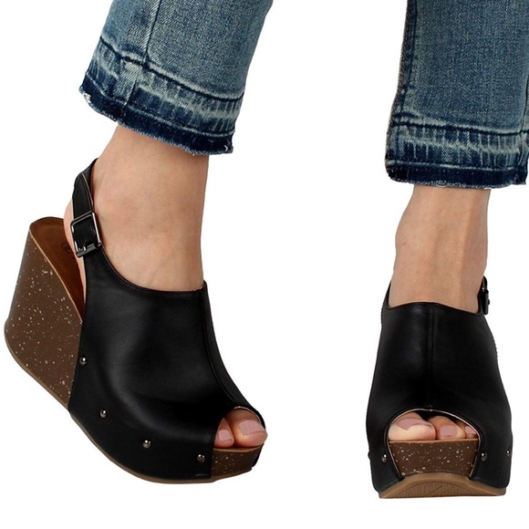 Black Vegan Leather Wedges - Picture 4 of 8